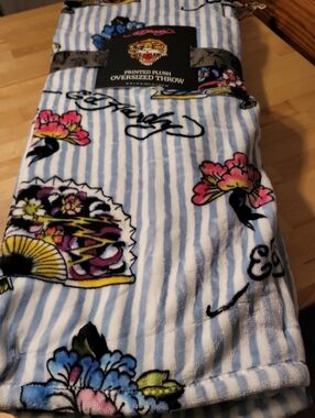 Ed Hardy Blue & White Striped Plush Throw with Tattoo Floral and Tiger Motifs